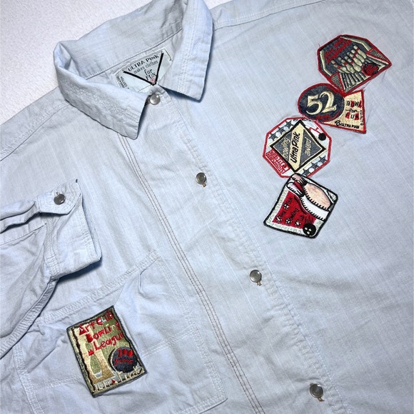 Ultra Pink Bowling Shirt L Blue Whimsical Vintage Button Down Patches Unique Top - Picture 1 of 15